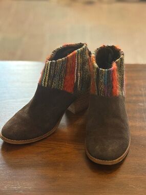 Toms Brown Suede Leila Ankle Booties with Multicolor Knit Cuff